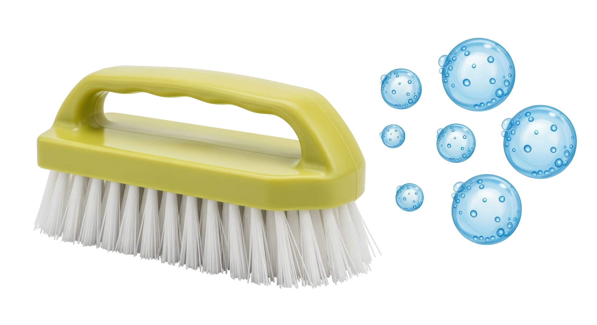 Yellow-handled scrub brush with white bristles next to blue soap bubbles