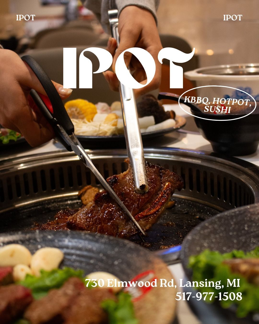 IPOT Korean BBQ hot pot grill with tongs cooking meat at a restaurant table, Lansing, MI