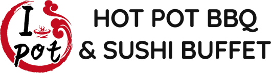 Hot Pot BBQ & Sushi Buffet logo with red circular pot icon and black text on white background