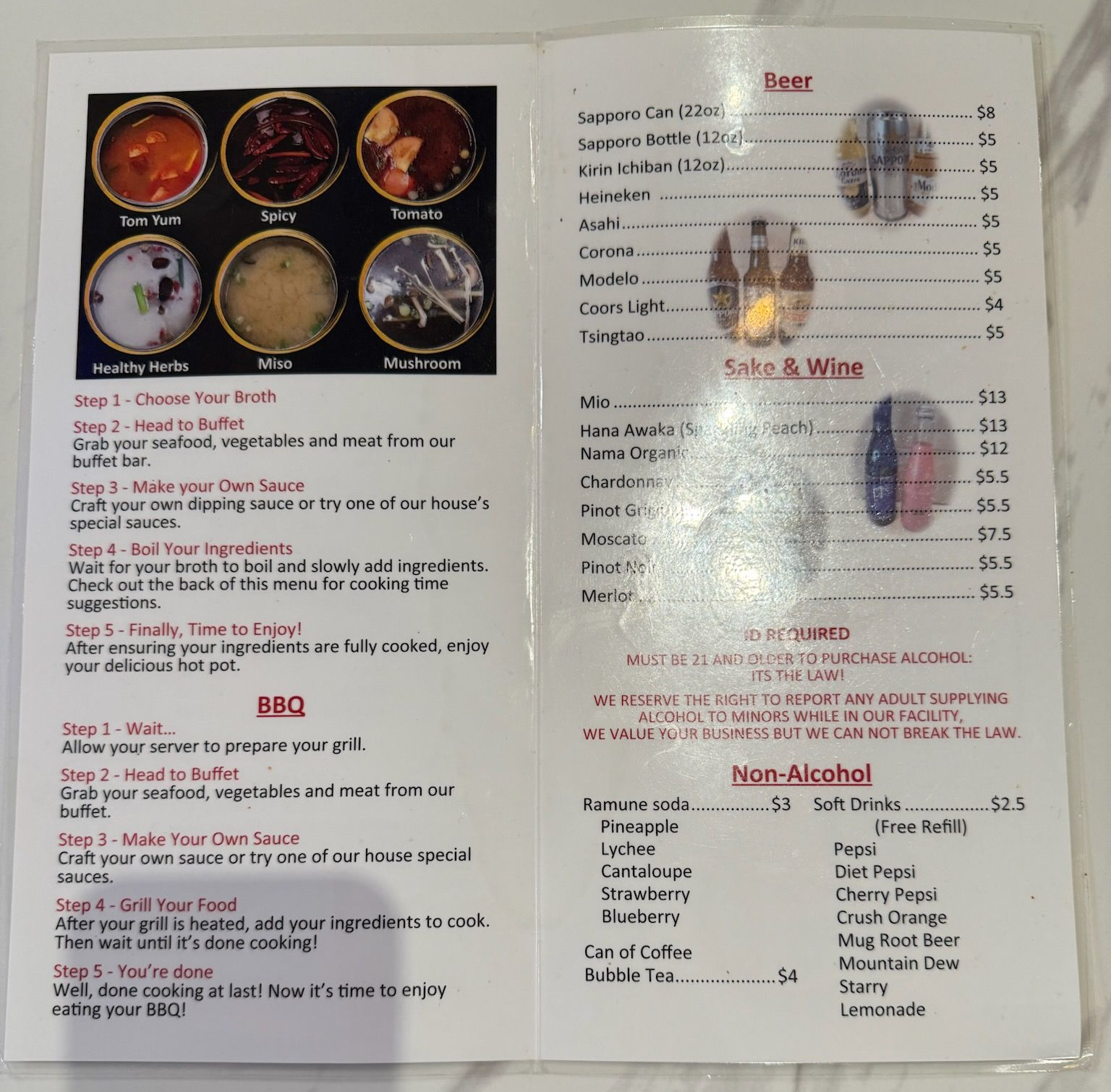 Bar and wine menu with beer photos on the left and cocktail, wine, and non-alcoholic lists on the right.