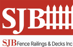 Logo for SJB Fence Railings & Decks Inc. featuring the letters "SJB" and a white picket fence on a red background.