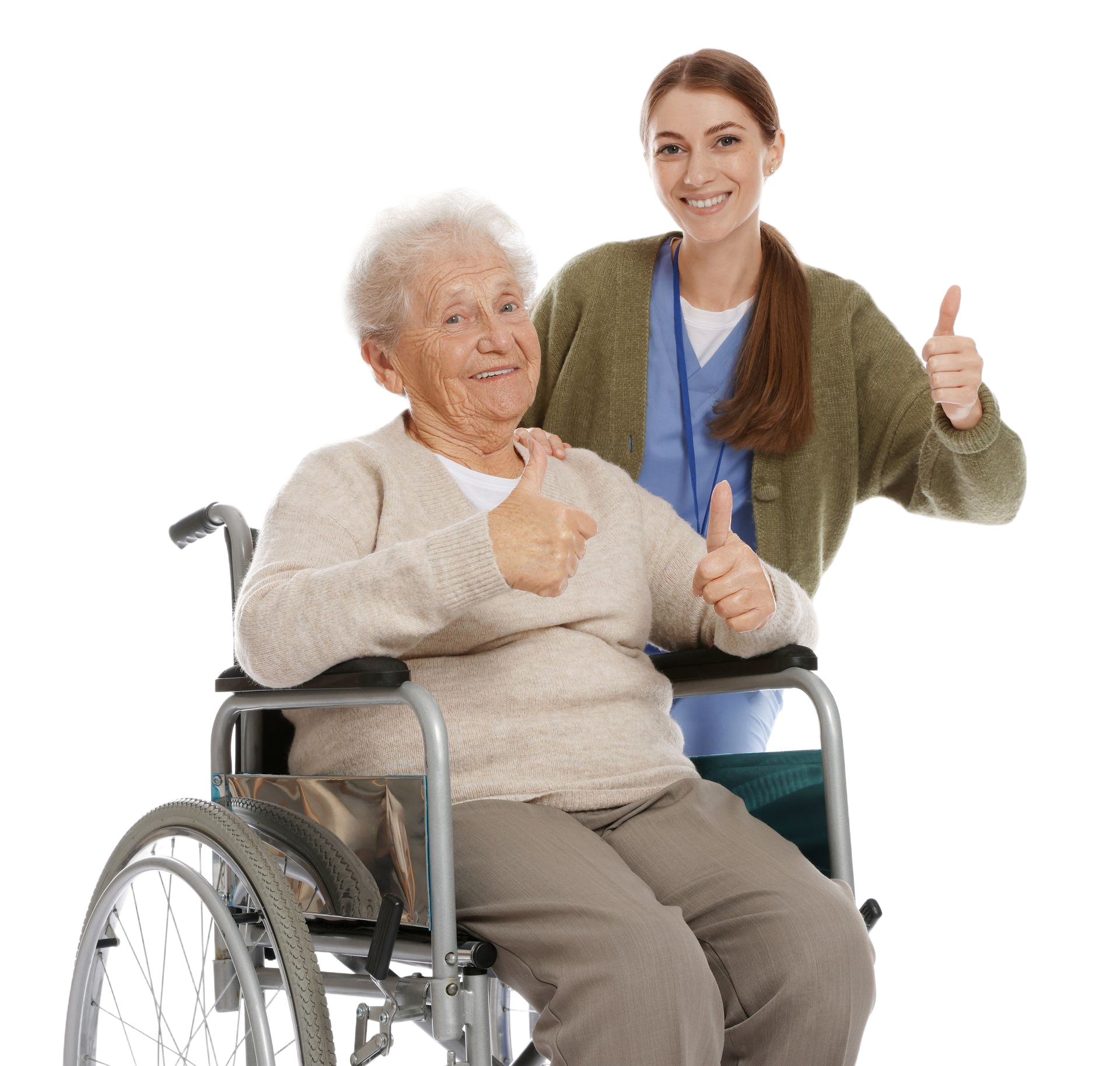 Senior in wheelchair with caregiver giving thumbs-up on white background