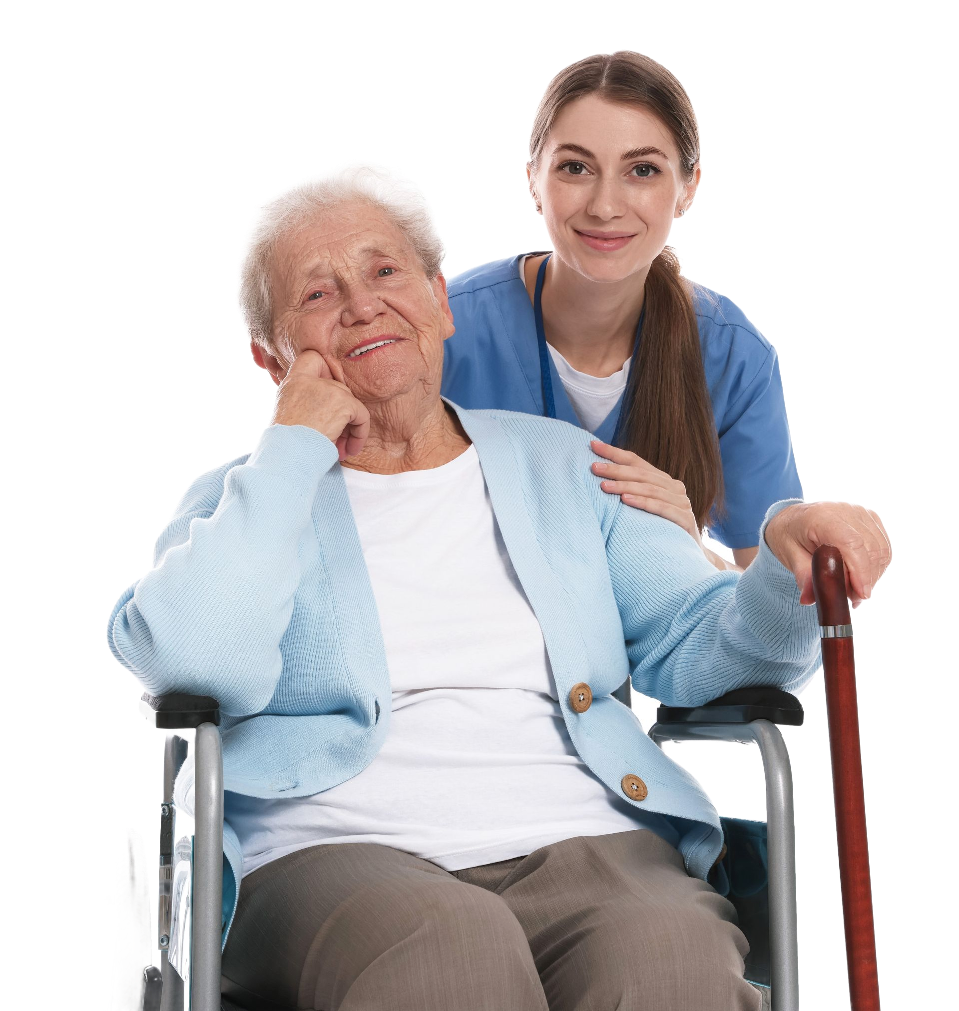 Elderly person in a wheelchair with a smiling caregiver standing behind, on a white background
