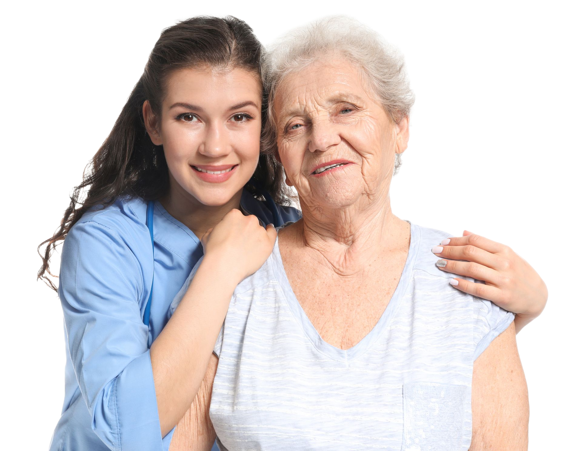 Two women smiling and embracing on a white background, one younger in blue and one older in white