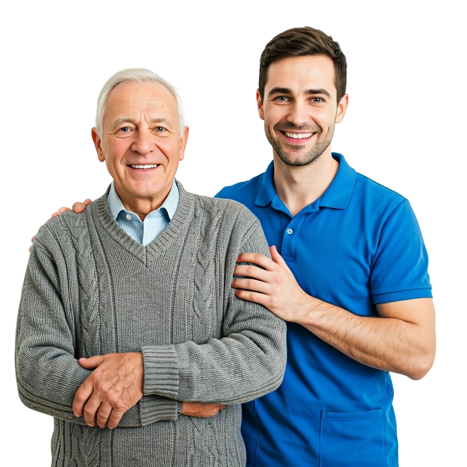 Man in a wheelchair with a smiling caregiver standing behind him against a white background