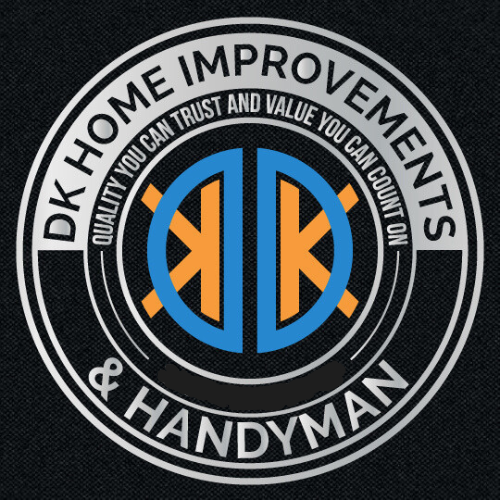 DK Home Improvements & Handyman logo: Circular design with the company name, tagline, and a blue and orange emblem.