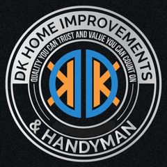 DK Home Improvements & Handyman logo. Silver and black circular emblem with blue and orange stylized 