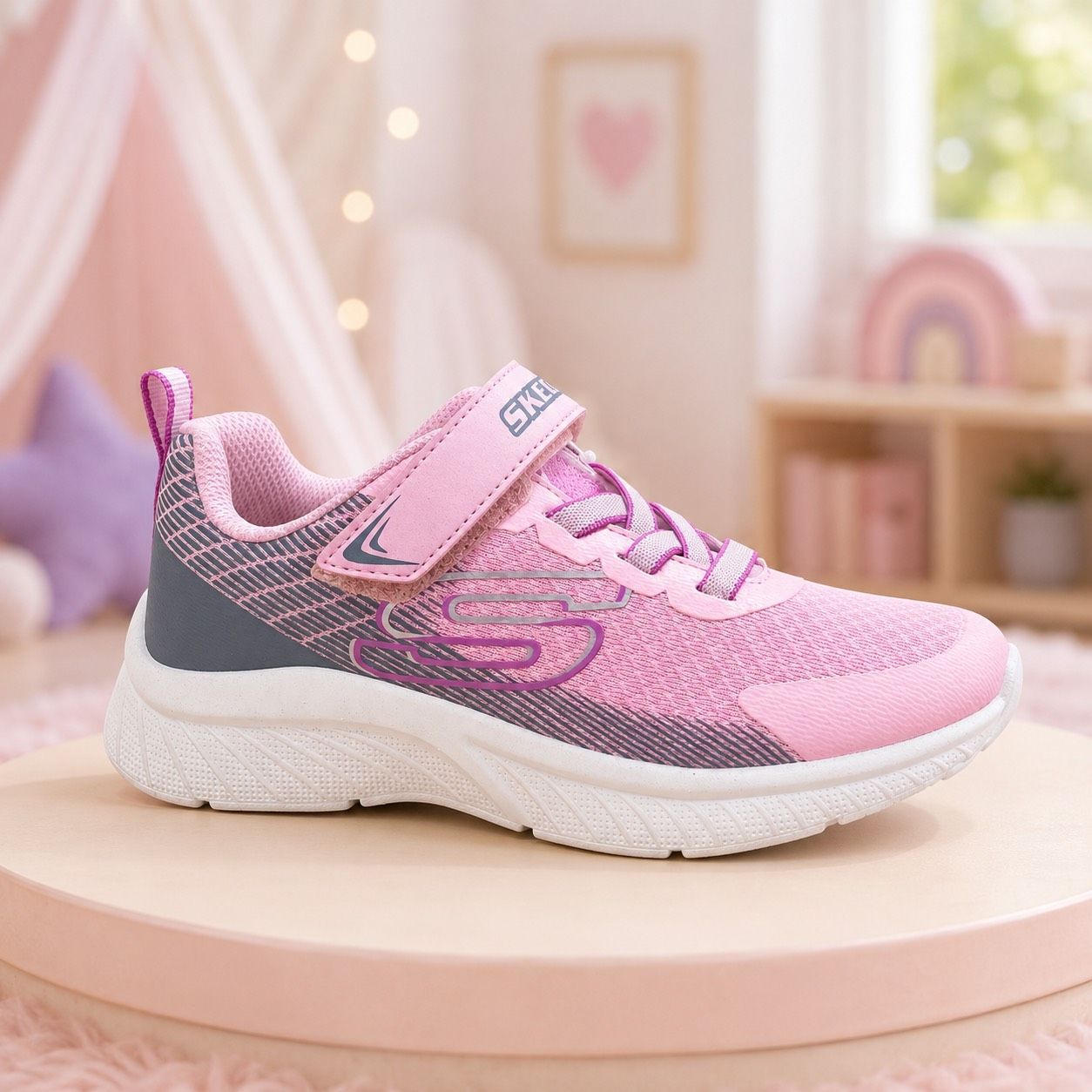 SKECHERS 兒童運動鞋｜粉紫配色・魔鬼氈款・女童休閒跑跳鞋