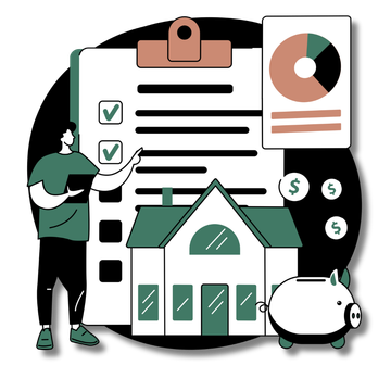 A man is holding a clipboard in front of a house and a piggy bank.