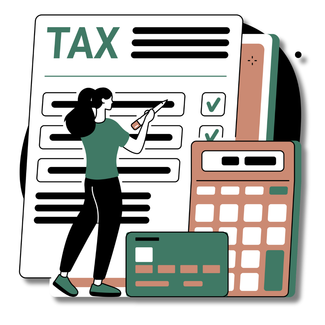 A woman is standing next to a calculator and a tax form.