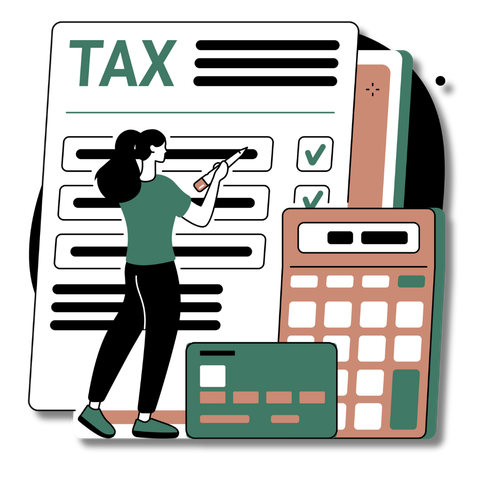 A woman is standing next to a calculator and a tax form.