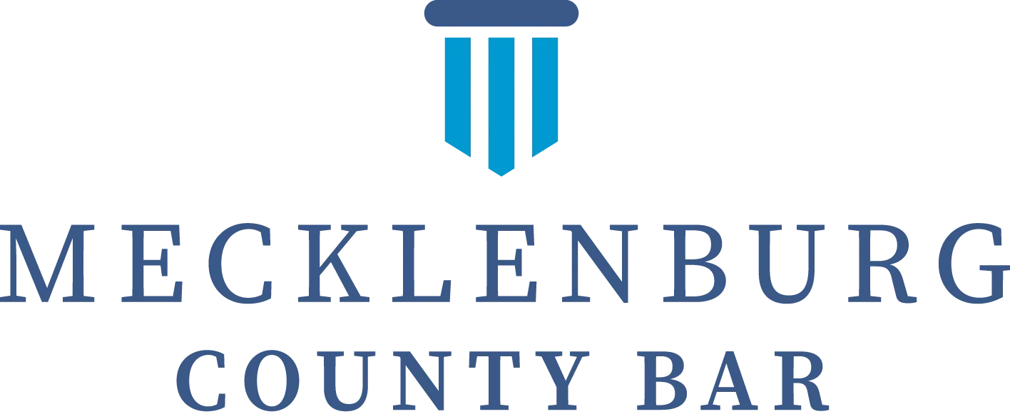 The logo for mecklenburg county bar is blue and white
