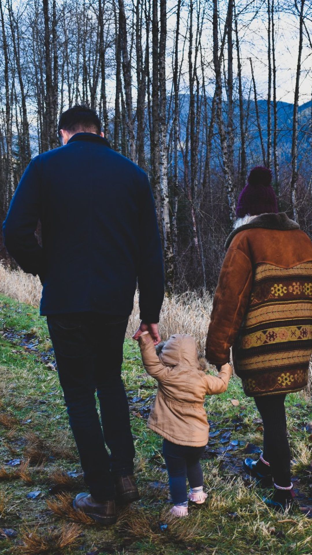 A man , woman and child are walking through a forest holding hands.