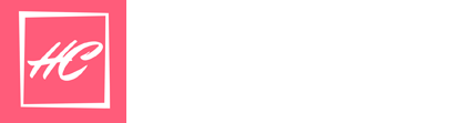 a pink and white logo with the letter hc in a square .