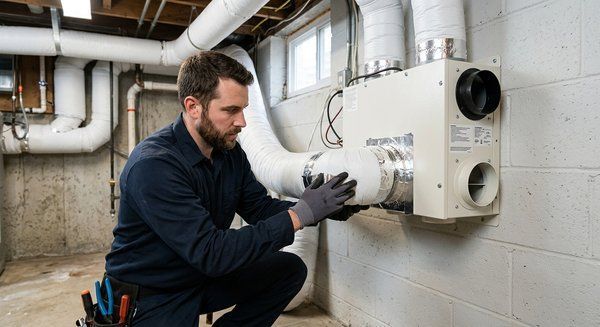 Gloved hands adjusting a boiler’s pump and controls on a wall-mounted heating unit.