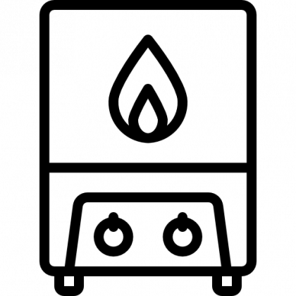 A black and white icon of a gas stove with a flame on it.