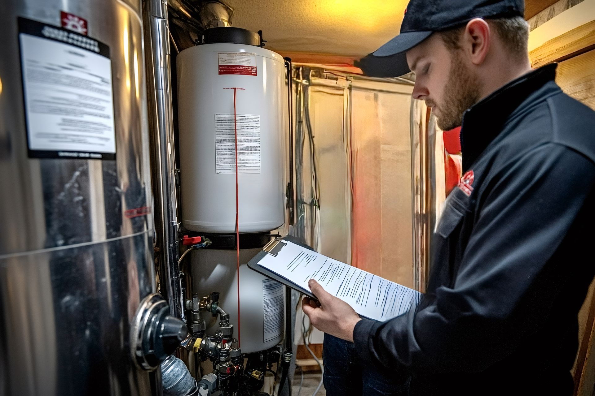 A man is looking at a water heater while holding a clipboard.