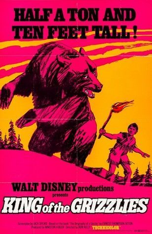 Poster for King of the Grizzlies: a large bear and a running person holding a torch against a pink and yellow background.