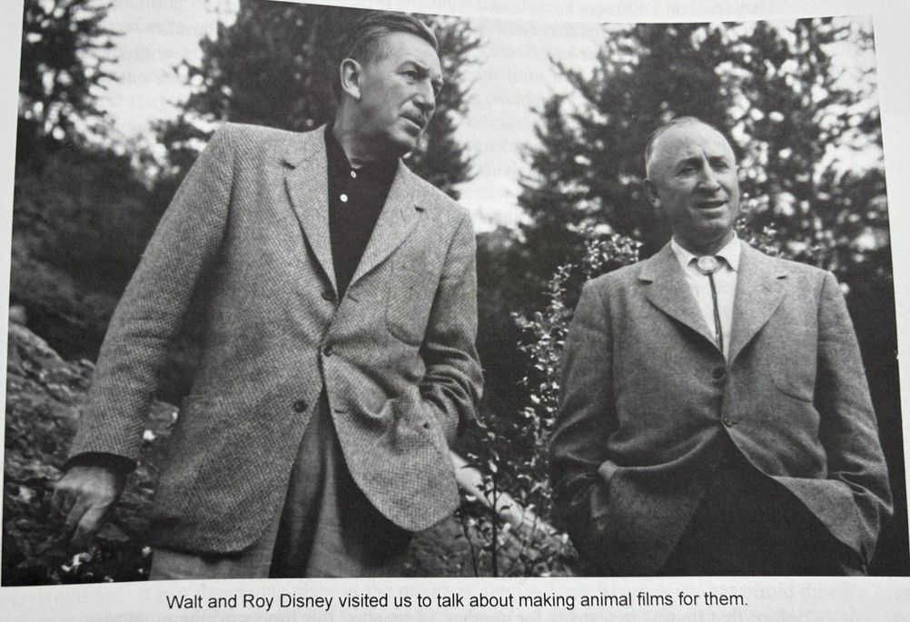 Walt and Roy Disney, outdoors, standing side-by-side, both in jackets, looking off to the side, surrounded by trees.