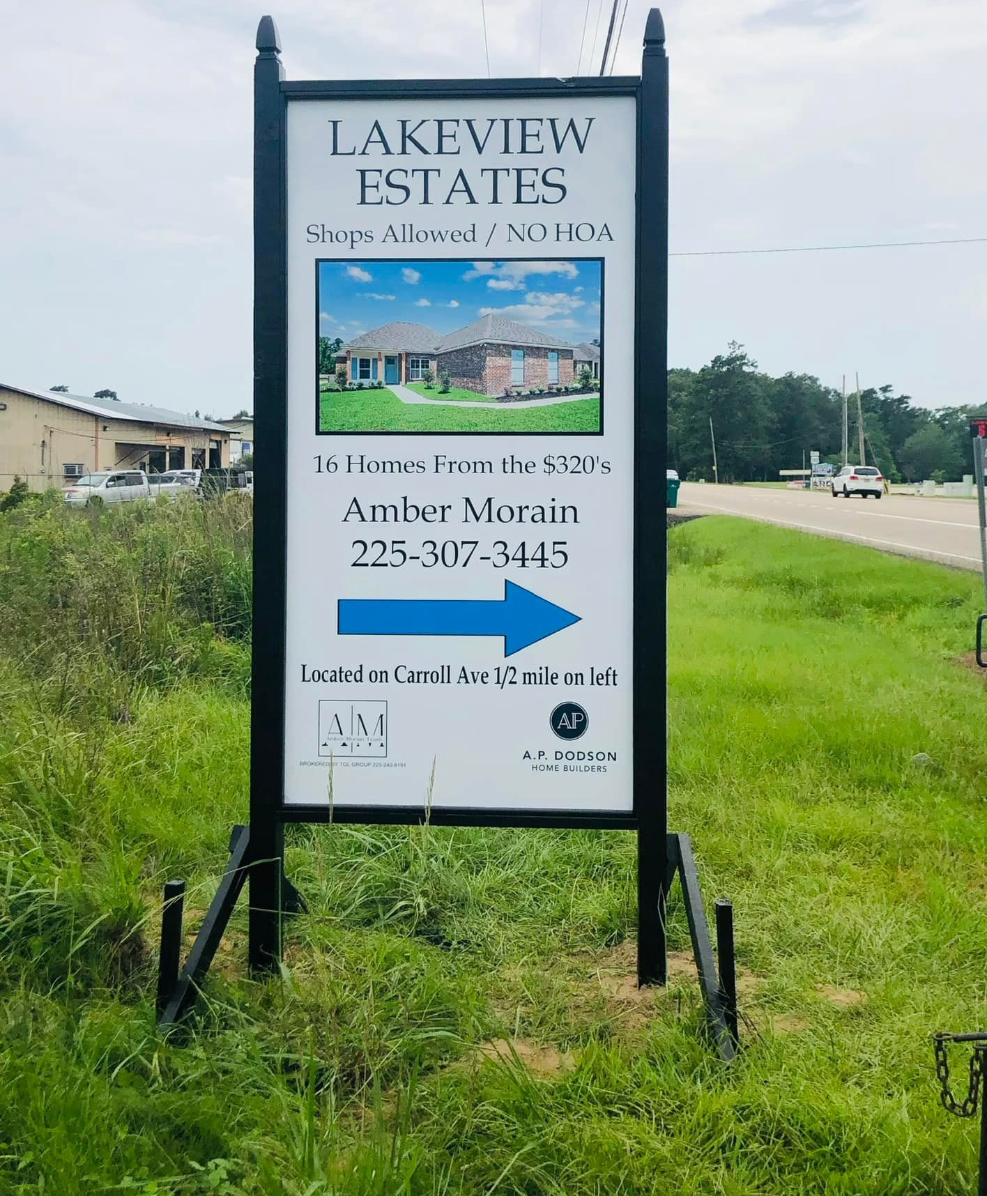 Real estate sign for Lakeview Estates with contact information and photo of homes.