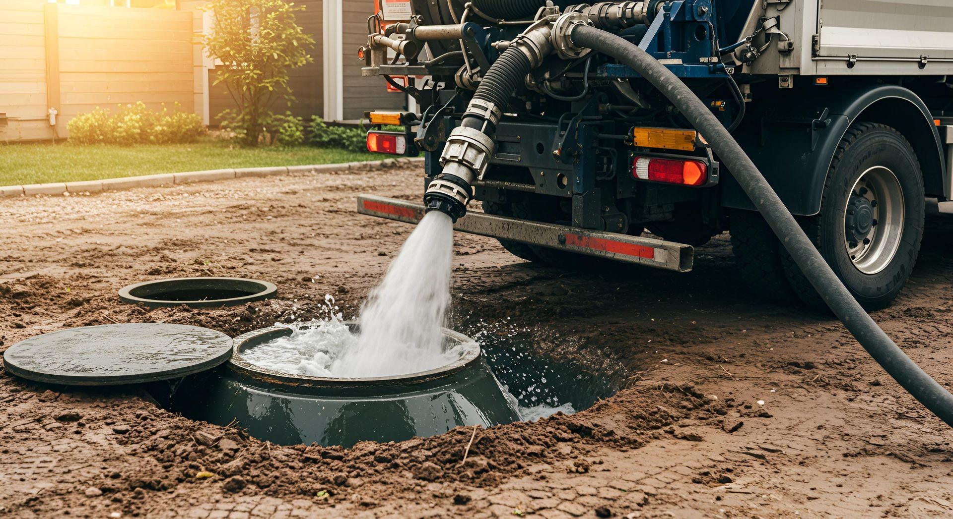 Septic tank contractor pumping a residential septic tank with a vacuum truck and hose