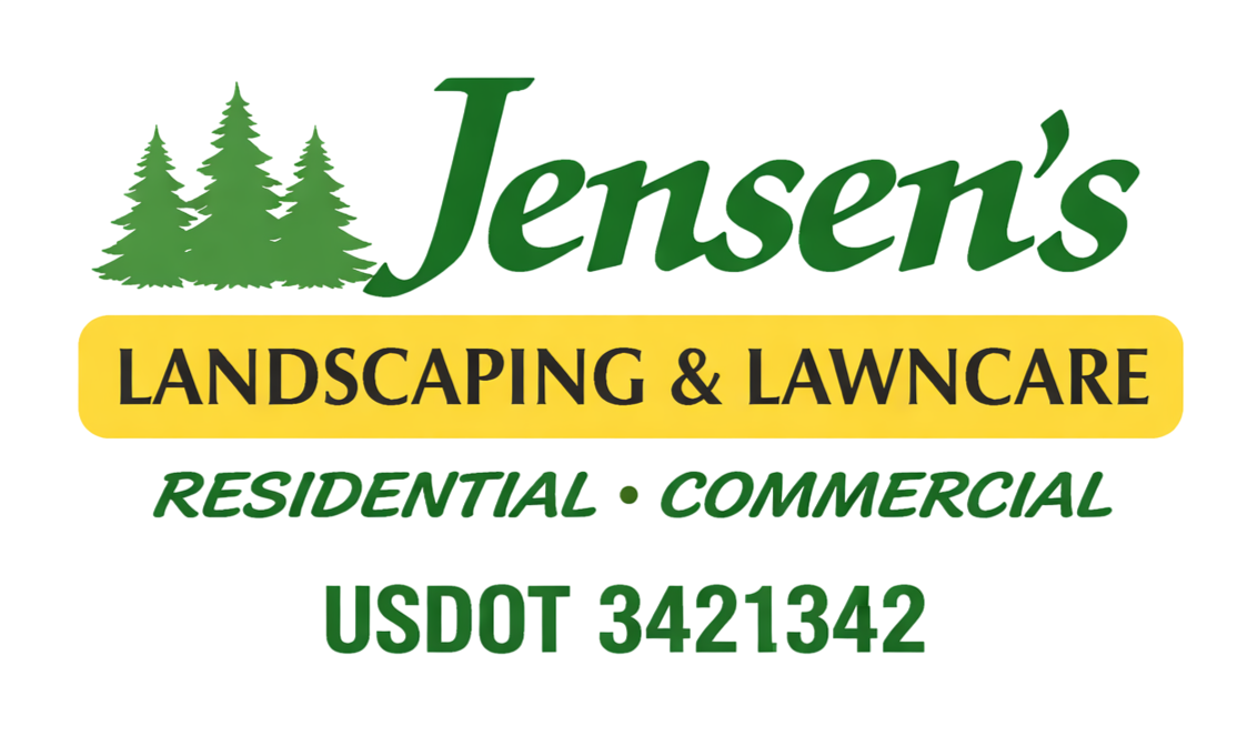 Jensen&rsquo;s Landscaping & Lawncare logo with green trees, yellow banner, and USDOT 342134 text
