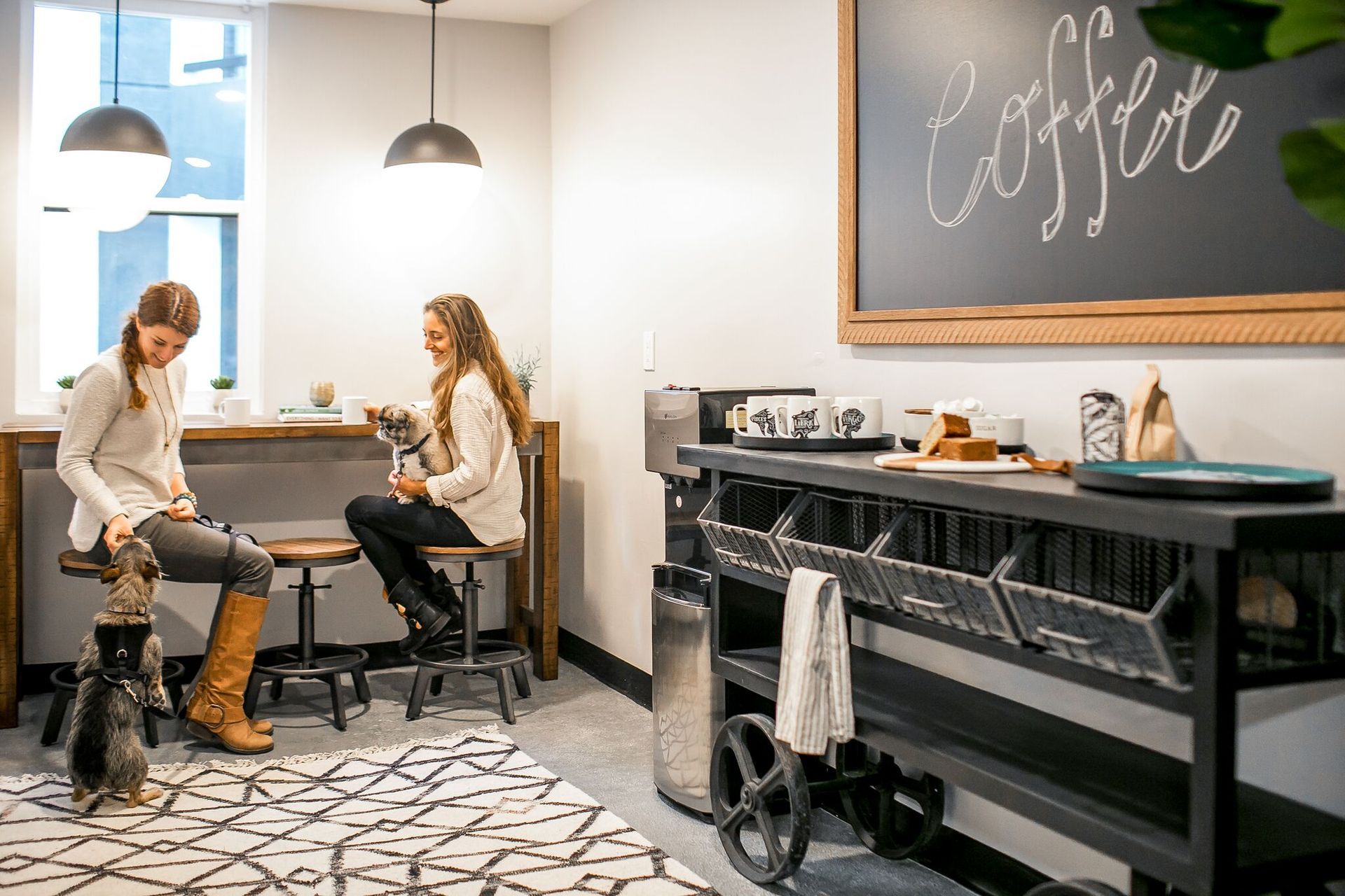 Two people sitting on stools with dogs in a bright cafe area with a large chalkboard sign reading