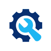 A blue gear with a wrench inside of it.