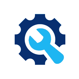 A blue gear with a wrench inside of it.