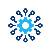 A blue gear surrounded by keys on a white background.