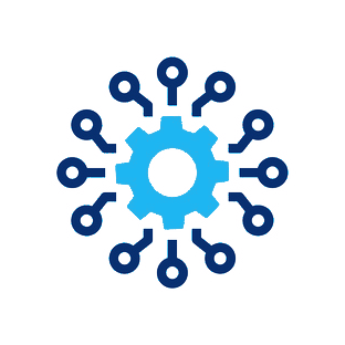 A blue gear surrounded by keys on a white background.