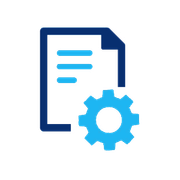 A blue icon of a paper with a gear next to it.