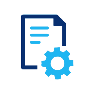 A blue icon of a paper with a gear next to it.