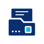 A blue icon of a folder with a speech bubble on it.