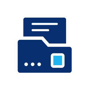 A blue icon of a folder with a speech bubble on it.