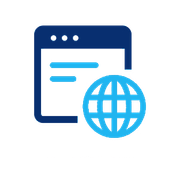 A blue icon of a computer screen and a globe.
