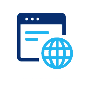 A blue icon of a computer screen and a globe.