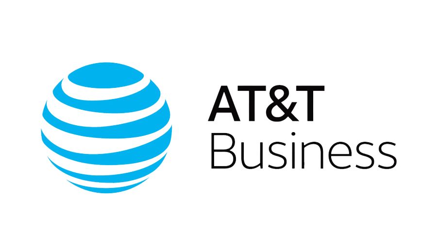 A blue and white at & t business logo on a white background.