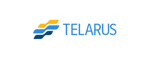 A blue and yellow logo for telarus on a white background