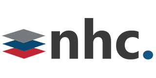 A nhc logo with a stack of blocks on a white background