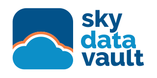 A blue and orange logo for sky data vault