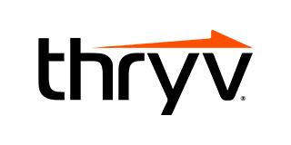 A black and orange logo for thryv with an orange arrow