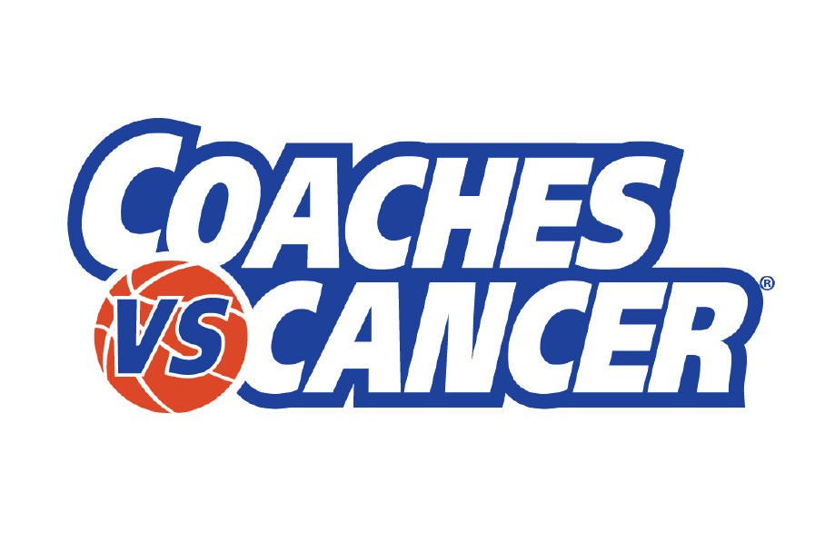 A logo for coaches vs cancer with a basketball in the middle.