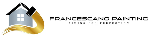 Logo for Francescano Painting: a house silhouette with a paintbrush, gold paintstroke and text.