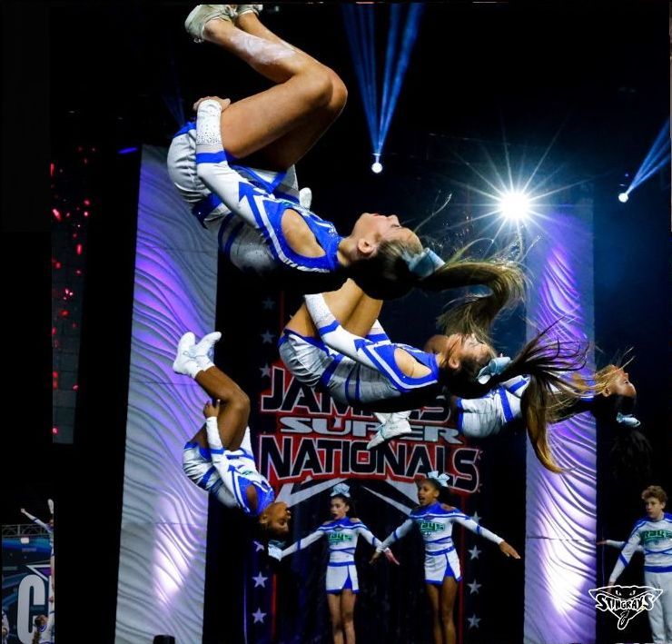 A group of cheerleaders are doing a flip in front of a sign that says nationals