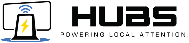 HUBS logo with a laptop and wireless signal icon, plus the tagline “Powering Local Attention.”