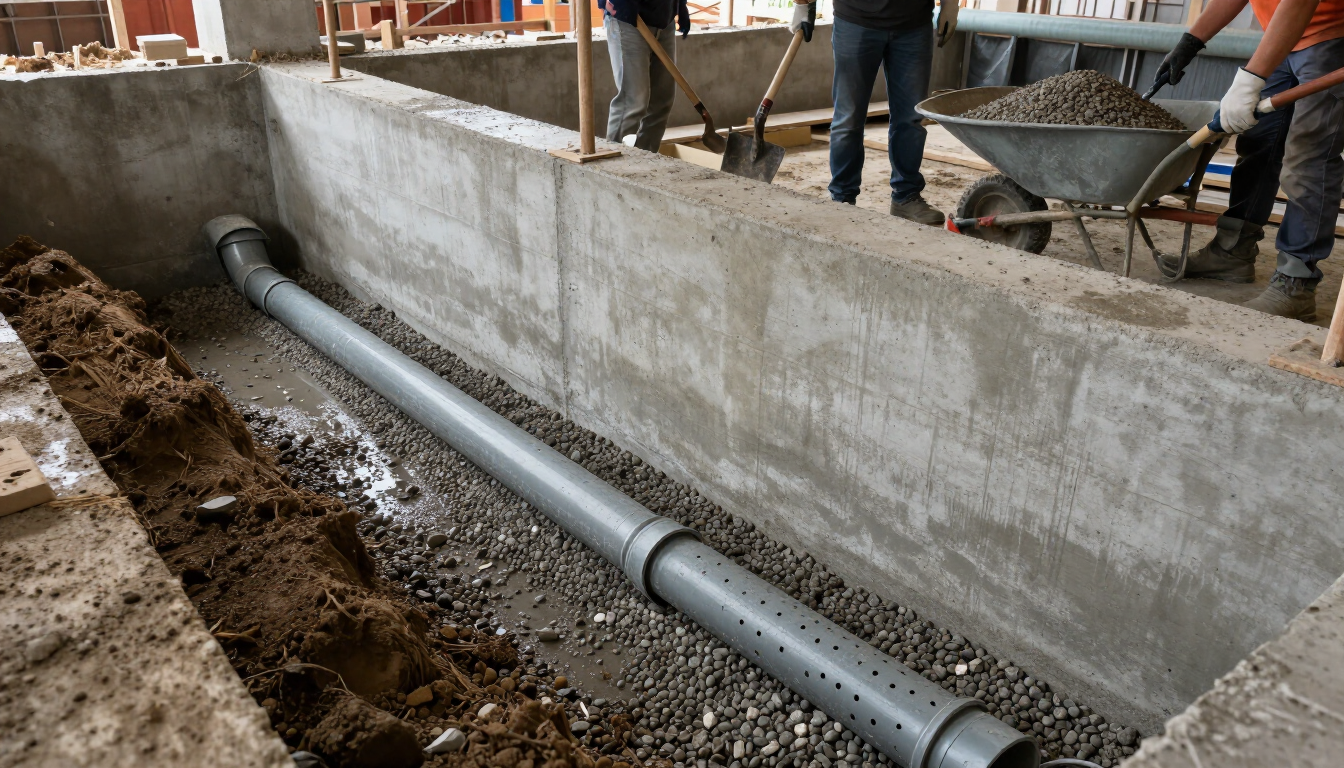 Basement waterproofing Services in Renton, WA with drainage pipe and gravel installed beside a concrete foundation wall.