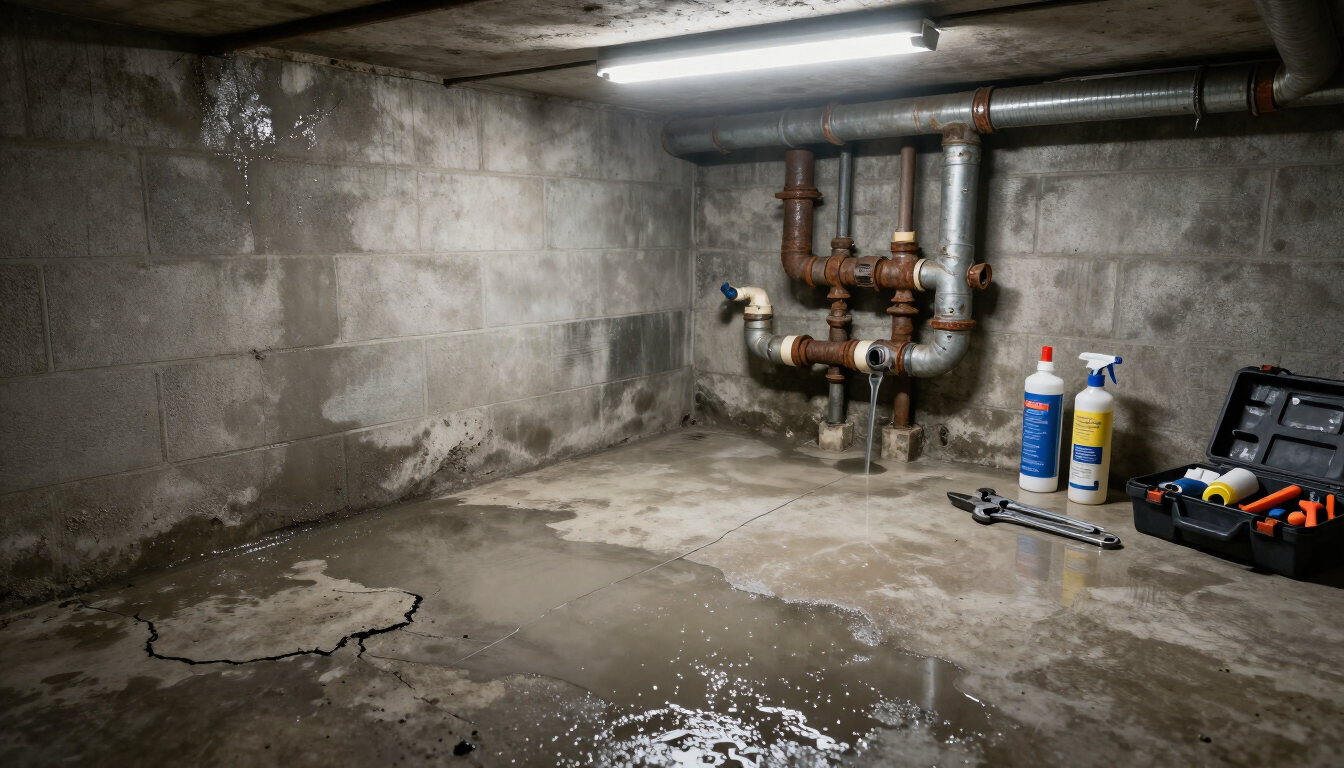 Wet basement floor near exposed pipes during water damage and leak repair in Renton, WA.