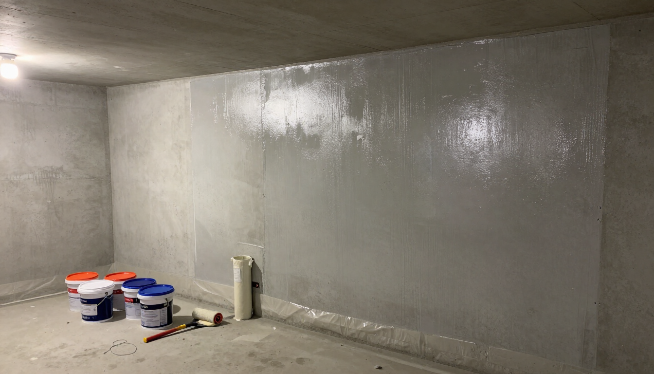 Waterproofed basement wall with a smooth protective coating and supplies for basement sealing in Renton, WA.