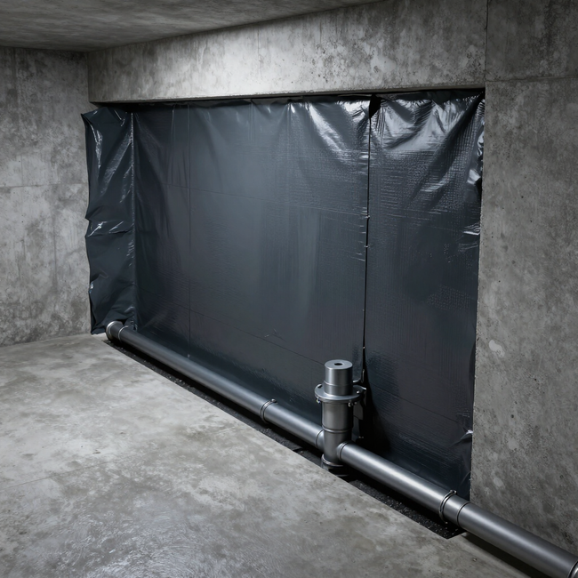 Basement waterproofing Services in Renton, WA with black vapor barrier sealing a concrete basement foundation wall area
